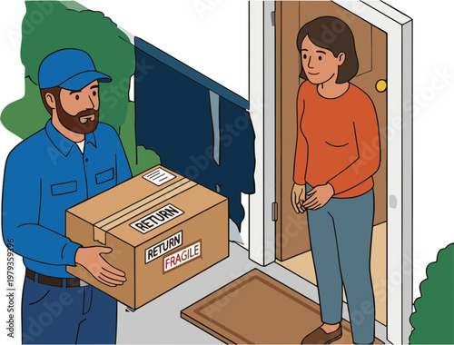 Delivery man hands package to woman at doorway with brown box