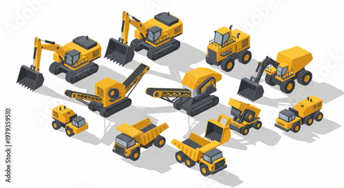 Collection of isometric construction vehicles and heavy machinery on a white background.