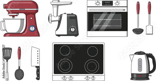 Assorted kitchen appliances and utensils for culinary preparation Vector