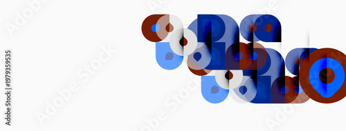 Abstract composition featuring overlapping circles. Blue, red hues dominate design. Minimalist style, clean background present.