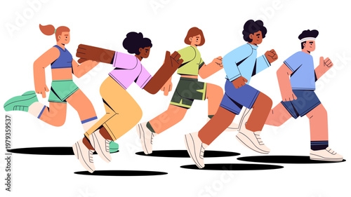 Flat vector of diverse people running together outdoors, representing fitness, teamwork, and active lifestyle. Ideal for concepts of jogging, training, marathon, wellness, and community exercise.