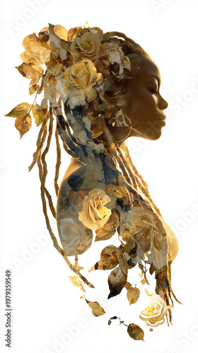 silhouette of an african american female with beautiful long locs hair with beautiful roses in her hair