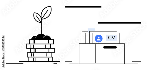 Economic growth and career development. Economic illustrated through a growing plant investment and a CV stack job opportunities. For finance, recruitment, career success, environmental initiatives