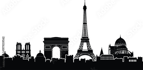 Фотография Paris city skyline vector icons set, featuring Eiffel Tower, Arc de Triomphe, and French landmarks, black silhouette architectural symbols, isolated, France