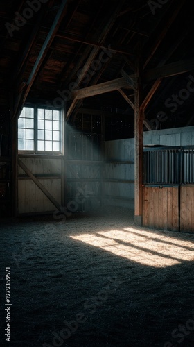 Rustic stable illuminated by soft morning light through window
