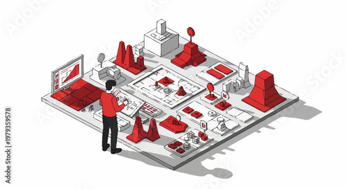 Man interacting with a futuristic digital interface displaying city planning and architectural models.