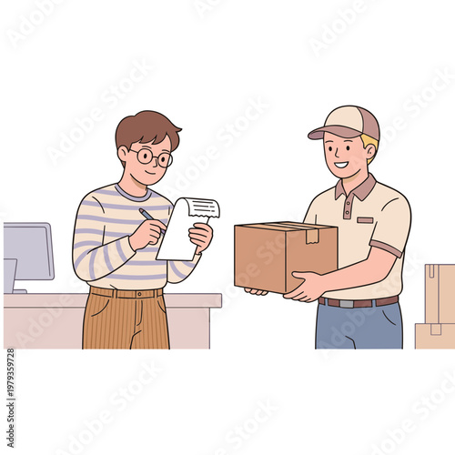 Two men interact during a package delivery at the office counter