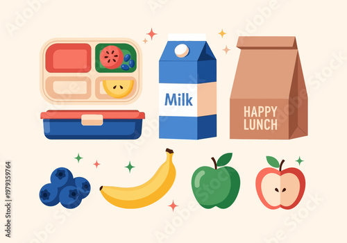 Healthy School Lunch Flat Illustration Set with Bento Box, Milk Carton, Paper Bag, and Fresh Fruits