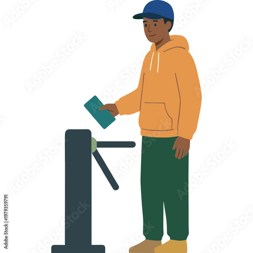 Man in orange hoodie swipes card through turnstile