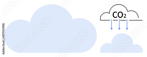 Environmental issues, carbon emissions, climate change, sustainability, air pollution, global warming. Two clouds with one labeled CO2 and arrows emissions. Environmental issues and carbon emissions