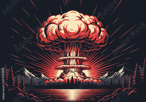 Nuclear Explosion Mushroom Cloud over Mountain Landscape Comic Style Illustration