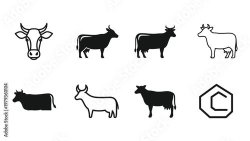 A collection of simple black and white line art illustrations depicting various cow poses and a hexagonal barn high quality professional