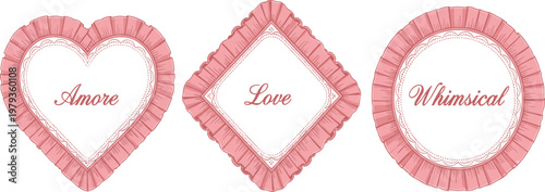 Pink frilly ruffles heart diamond circle frames set, elegant lace borders, vintage romantic labels for Valentine's Day, wedding, and love.