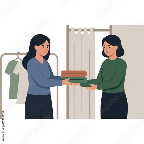 Two women exchange packages in a room with clothing and curtains.