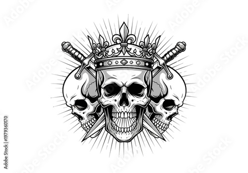 Gothic King Skull Illustration with Crown and Crossed Swords, Macabre Royal Tattoo Design on White Background