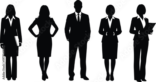 Professional business team silhouettes in formal suits, diverse corporate group standing for leadership, career success, office employment, and human resources.