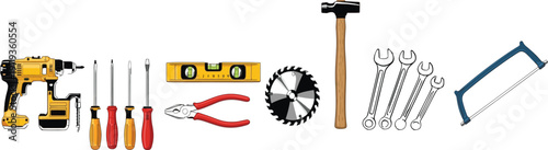Professional construction hand tools and power drill set, carpentry equipment illustration with hammer, saw, level, and screwdrivers on white background, repair.