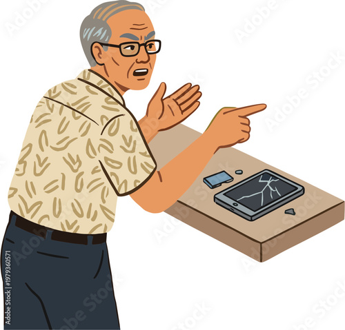 An older man excitedly points at a smartphone on a cardboard box table indoors.