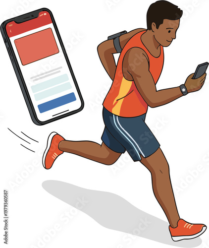 Man runs quickly while checking phone with app on screen nearby