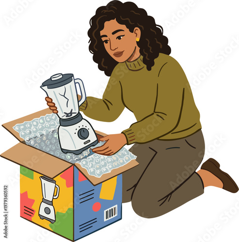 Woman unpacks blender from colorful box in cozy indoor setting