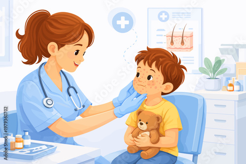 Doctor examining boy with teddy bear in pediatric clinic setting  
