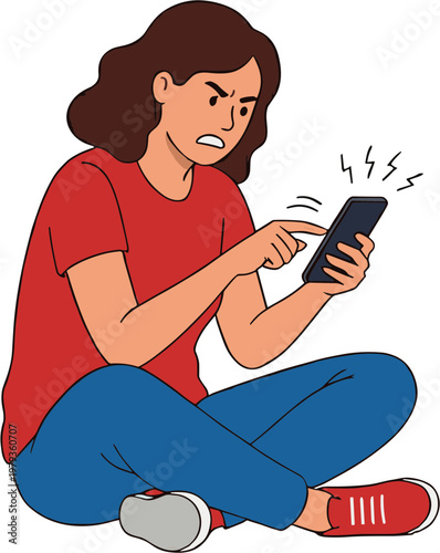 Woman sits cross-legged looking worried while using her smartphone.