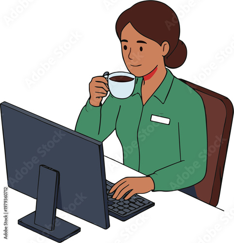 Woman sitting at desk with computer drinking coffee and working