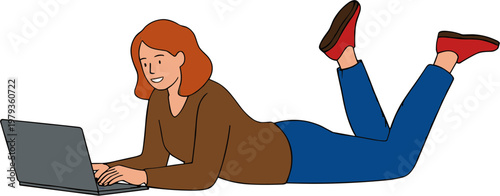 Woman reclines on floor using laptop computer leisurely indoors