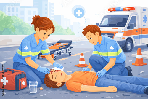 Paramedics providing first aid to injured man on city street  