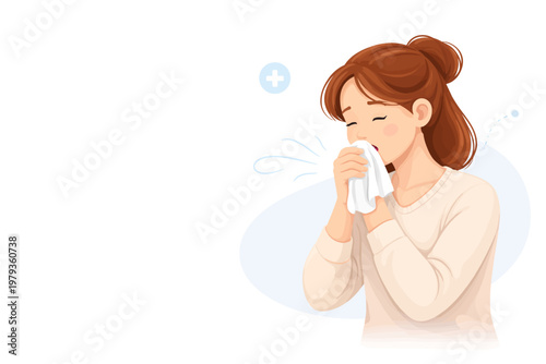 Young woman blowing her nose with tissue while feeling unwell  