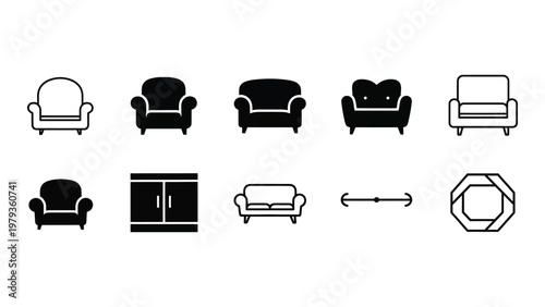 A collection of minimalist black icons depicting various seating arrangements including sofas armchairs and ottomans high quality professional detailed modern elegant