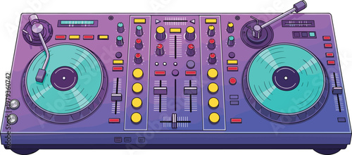 Professional DJ Controller Illustration with Two Turntables and Mixer in Retro Purple and Teal Colors Isolated on a White Background
