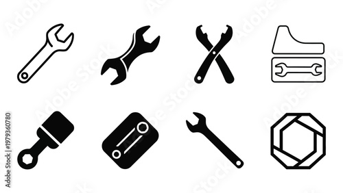 A collection of black and white tool icons including wrenches screwdrivers hammers and various specialized implements high quality professional detailed modern