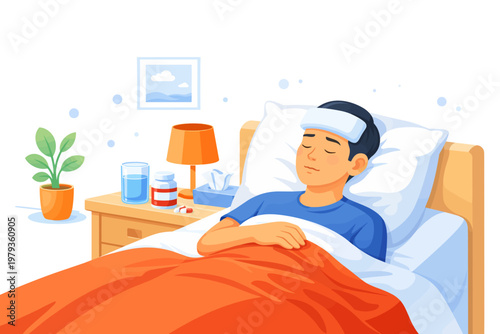 Boy resting in bed with fever and cold compress in cozy room  