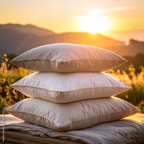 Three fluffy pillows stacked on a soft blanket, set against a stunning sunset with a blurred mountain backdrop