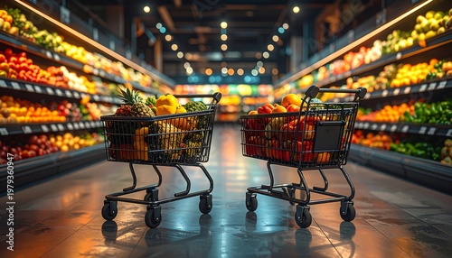 View down a supermarket aisle with two shopping carts filled with colorful fruits and vegetables. Shelves are stocked