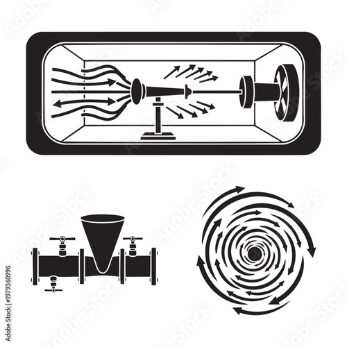 Fluid Dynamics Icons Wind Tunnel Venturi Meter Vortex Silhouette Vector Set
