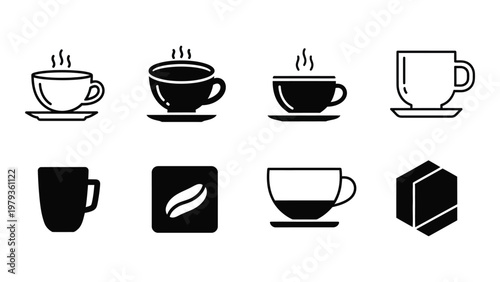 A collection of black and white vector icons depicting various coffee cups beans and sugar cubes high quality professional detailed modern