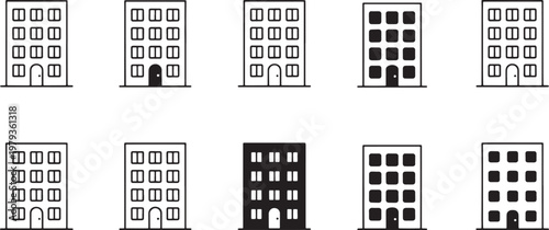 Buildings icons showcase a selection of grid-based architectural structures and minimalist facade designs arranged in a structured monochromatic pattern for professional graphic design applications.