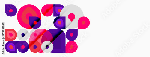 Abstract composition featuring overlapping circles, squares, vibrant pinks, purples, whites. Modern design, geometric shapes dominate space.