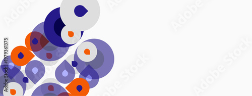 Abstract circles, purple, orange hues dominate composition. Minimalist design with ample white space. Modern aesthetic.
