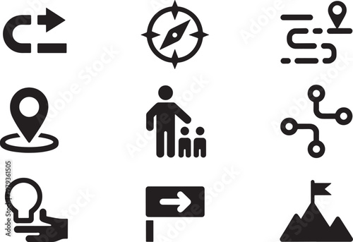 Icons visualizing navigation and strategic planning are organized in a grid to assist in mapping out business directions and identifying project goals.
