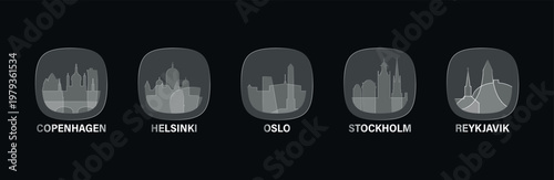Nordic Europe cities icons with glass, liquid effect. Set of cityscapes for interface design. Vector Oslo, Reykjavik, Stockholm, Copenhagen, Helsinki skylines
