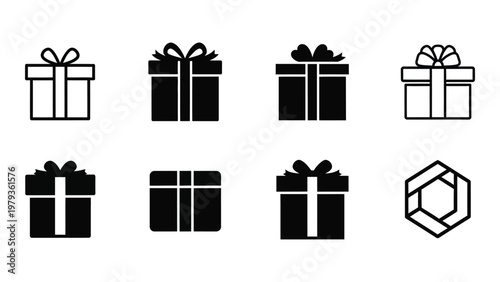 A collection of eight black and white gift box icons varying slightly in shape and ribbon detail on a white background