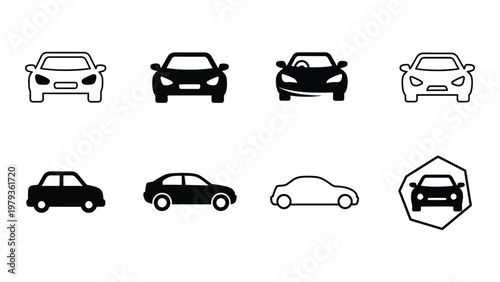 A collection of black and white car icons in various styles including front and side views displayed on a white background