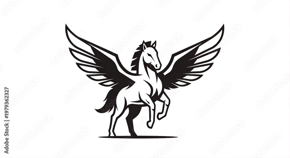 Fototapeta premium Minimalist Silhouette Pegasus With Wings Flying Greek Mythology Creature Illustration