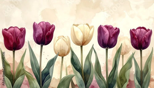 Watercolor painting featuring tulips in varying colors. A soft, gradient background enhances the delicate floral details