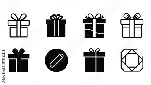 A collection of eight black and white gift box icons each with unique ribbon and design variations high quality professional detailed