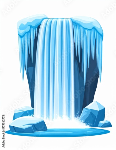 Icy Waterfall Scene with Blue Water and Snow Capped Rocks Pixel Art