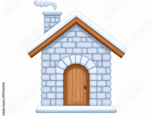 Stone Brick House with Snow Covered Roof and Smoking Chimney on White